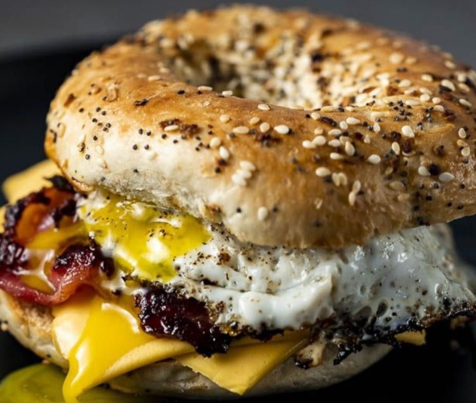 Egg and cheese sandwich on an everything bagel